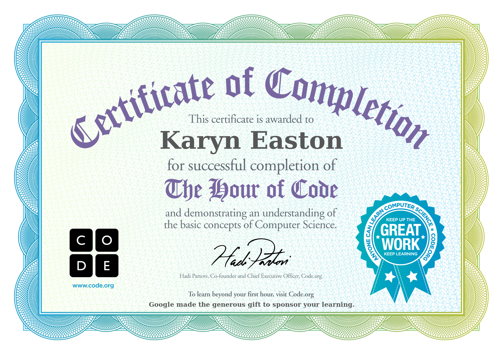 One Hour of Coding Certificate