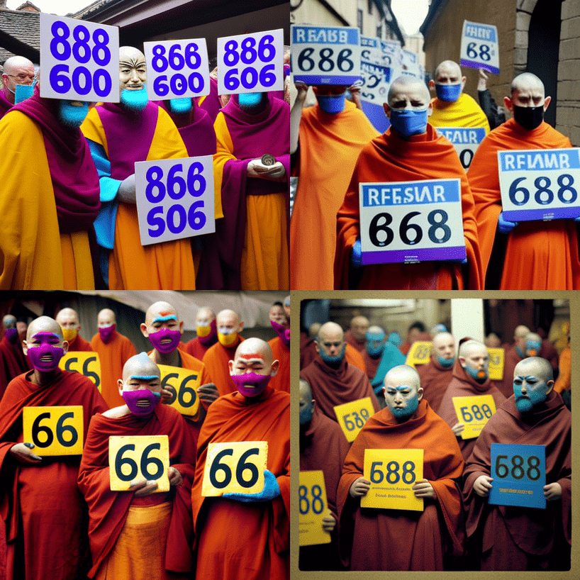 Ai generated monks holding signs with anything but 666 on them