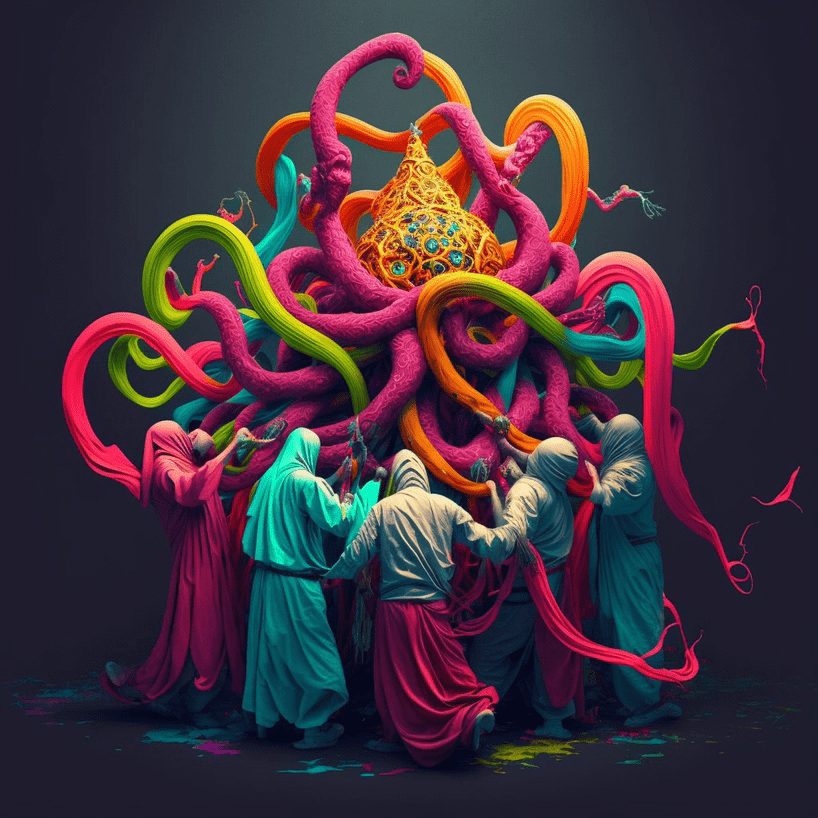 Brightly Coloured Tentacles Strangling a Bunch of Monks