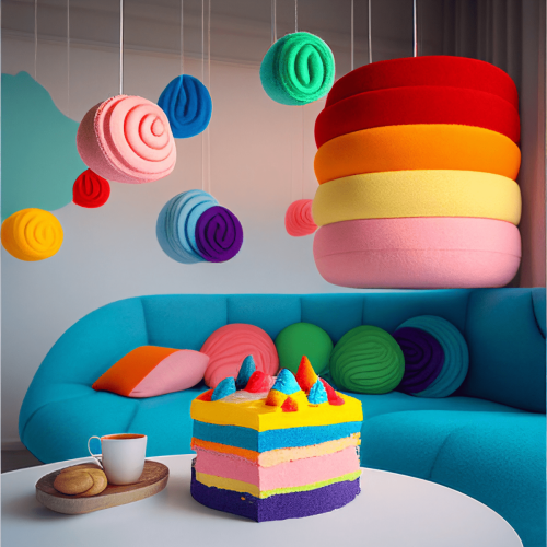 Brightly Coloured Felt Cakes Hanging from a Ceiling In a Contemporary Room