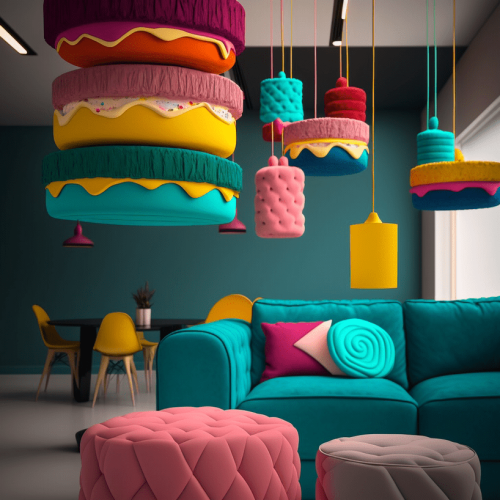 Brightly Coloured Felt Cakes Hanging from a Ceiling In a Contemporary Room