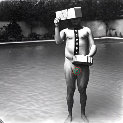 Man in Swimming Pool with a Box on His Head